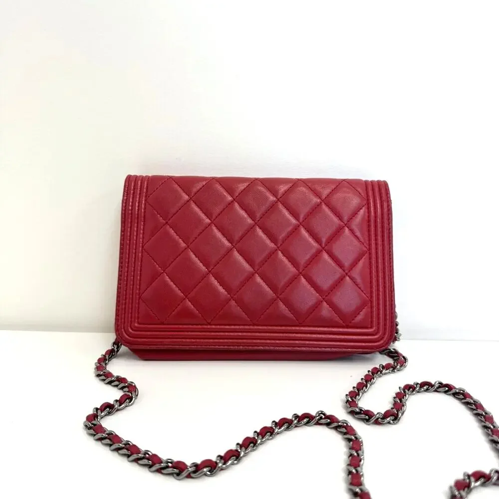 CHANEL Red Quilted Lambskin Leather Boy Wallet on Chain Silver CC Logo Crossbody